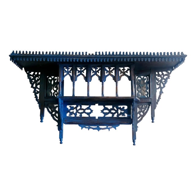 1980s Vintage Moroccan Musharabi Blue Wooden Wall Shelf For Sale