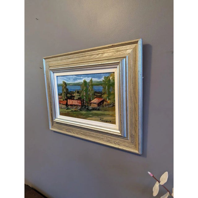 1960s Mid-Century Modern Swedish "Red Houses in Nature" Vintage Expressive Landscape Oil Painting, Framed For Sale - Image 5 of 12