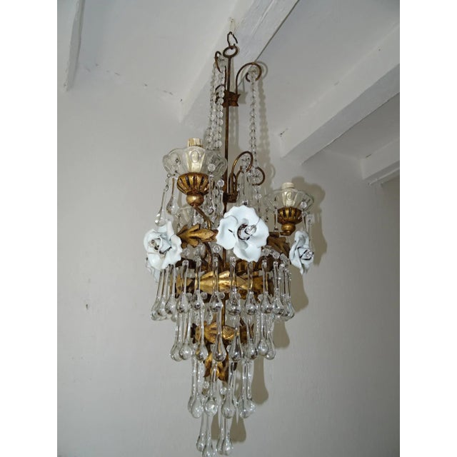 Italian Tiered Tole White Roses Murano Drops Chandelier, Circa 1930 For Sale - Image 9 of 12