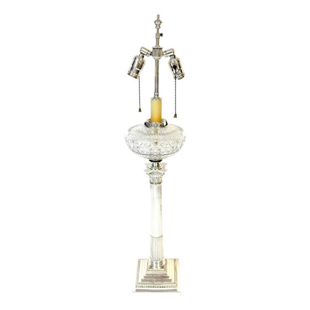19th Century Victorian Sheffield Plate Corinthian Column Lamp Cut Crystal Font, Hinks & Co. For Sale