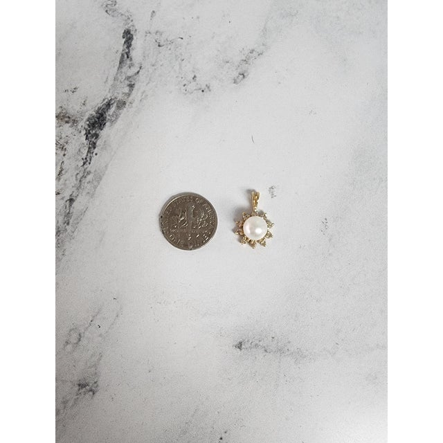 7MM Freshwater Pearl Diamond Halo Necklace 14k Yellow Gold For Sale - Image 4 of 4