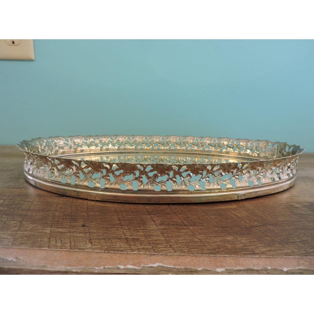 Vintage Brass-Style Metal Filigree Large Oval Mirror Vanity Tray For Sale - Image 4 of 18