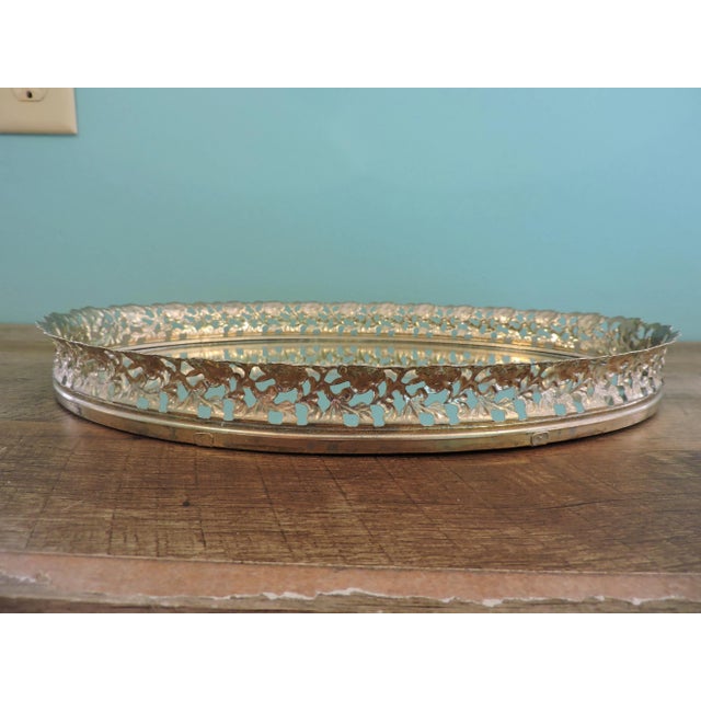 Vintage Metal Filigree Large Oval Mirror Vanity Tray Brass Finish For Sale - Image 4 of 18
