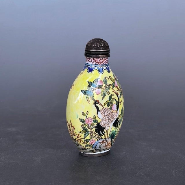 Vintage Painted Enamel on Copper Snuff Bottle – Crane & Peach Motif For Sale - Image 4 of 9