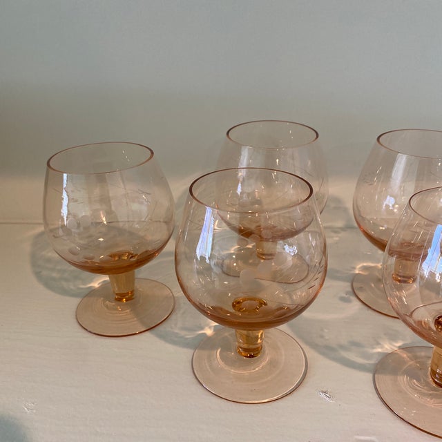 Glass Vintage Rose-Colored Etched Stemware- Set of 8 For Sale - Image 7 of 10