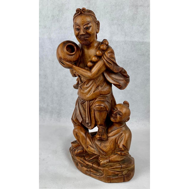 Wood Chinese Hand Carved Teak Figural Group-14.5” Tall For Sale - Image 7 of 12