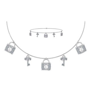 14K White Gold Lock & Key Necklace Bracelet Jewelry Set 5/8 Cttw For Sale