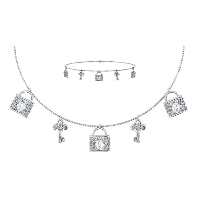 14K White Gold Lock & Key Necklace Bracelet Jewelry Set 5/8 Cttw For Sale