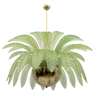 Large Mid-Century Modern Palm Leaf Chandelier in Murano Glass and Brass, 1970s For Sale