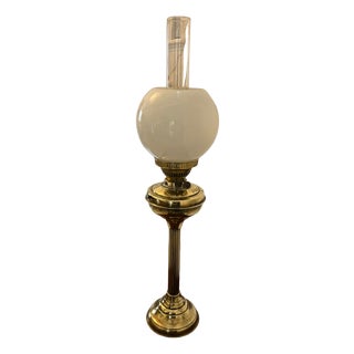 Antique Edwardian English Brass Oil Lamp with Opaline Shade, 1900 For Sale