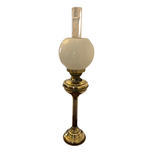 Antique Edwardian English Brass Oil Lamp with Opaline Shade, 1900 For Sale