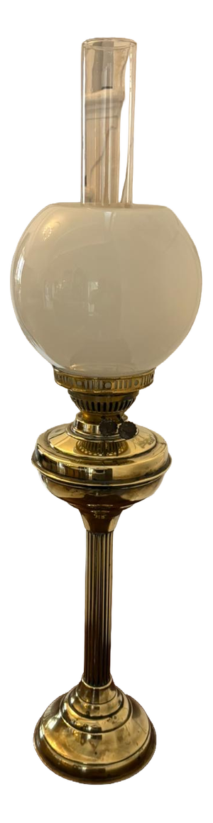 Antique Edwardian English Brass Oil Lamp with Opaline Shade, 1900