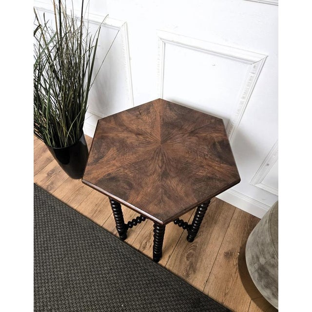 Brown Antique Italian Hexagonal Walnut Side Table with Bobbin Turned Legs, 1890s For Sale - Image 8 of 11