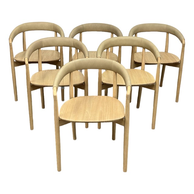 West Elm Irvine Sand Leather Dining Chairs, Set of Six For Sale