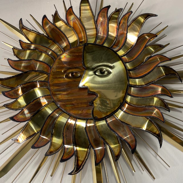 Magnificent Signed Curtis Jere Sun and Moon Metal Sculpture. Crafted from a stunning combination of brass, copper, and...
