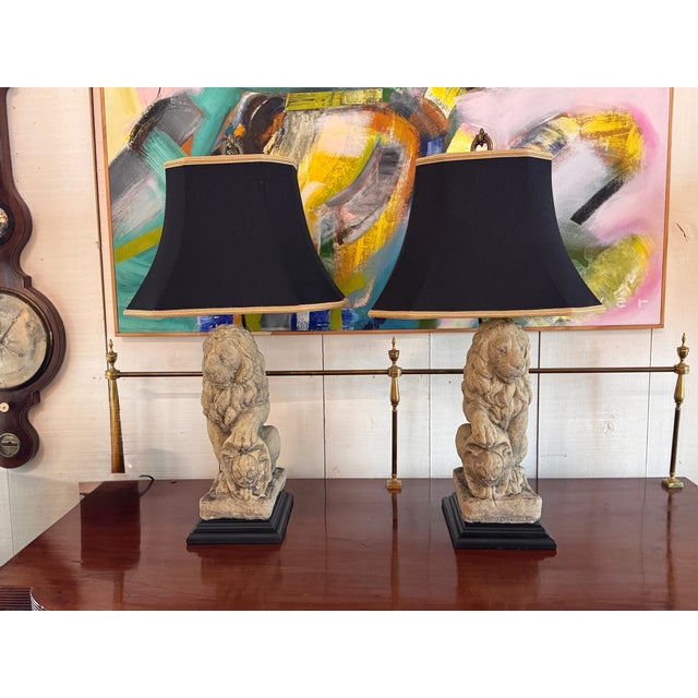 Wood 1950s Pair of Stone Lion Table Lamps For Sale - Image 7 of 14