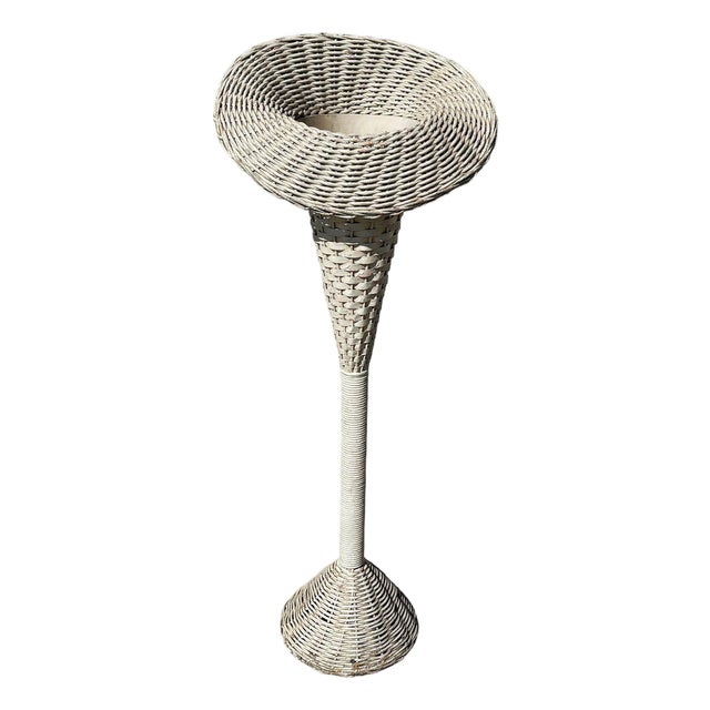 1970s Shabby Chic White Wicker Tropical Hourglass Base Floor Lamp For Sale