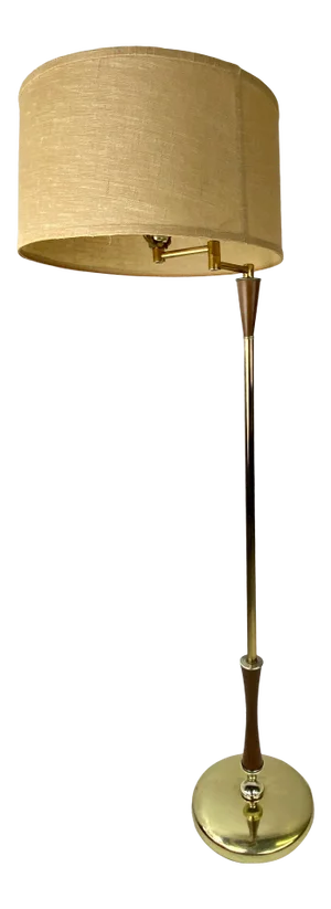Mid-Century Brass and Walnut Swing Arm Floor Lamp W/ Shade