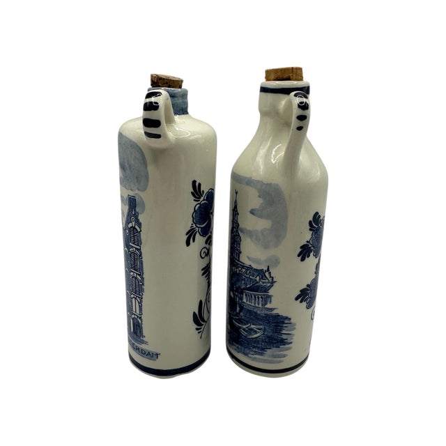 Late 20th Century Vintage Delft Blue and White Ceramic Jugs With Amsterdam Scenes by Holland America Line - A Pair For Sale - Image 5 of 12