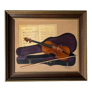 1960's Betty Pletzner Violin Music Instrument Impressionist Oil Painting, Framed