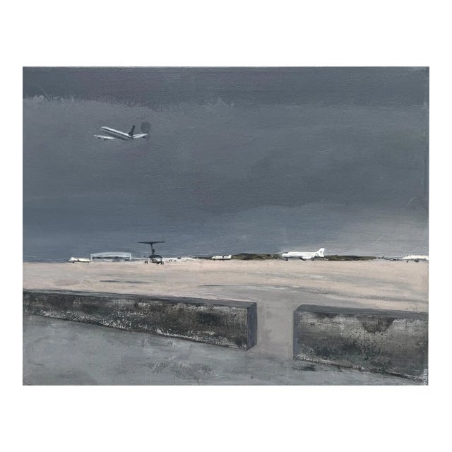 "Departure" Contemporary Cityscape Painting in Gray and Blue of Airport by Mill Valley Artist Mary Anne McKernie For Sale