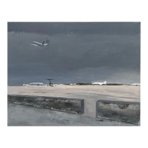 "Departure" Contemporary Cityscape Painting in Gray and Blue of Airport by Mill Valley Artist Mary Anne McKernie