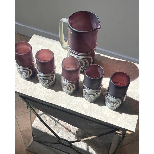 Late 20th Century Hand-Blown Purple Art Glass Pitcher And Glasses, 6 Pieces For Sale - Image 10 of 12