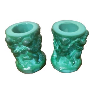 Art Deco Glass Malachite Candle Holders (Pair) For Sale