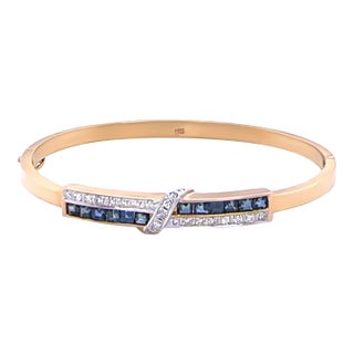 14ct Yellow and White Gold Sapphire and Diamond Hinged Bracelet 0.38ct 16g For Sale
