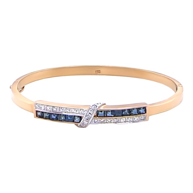 14ct Yellow and White Gold Sapphire and Diamond Hinged Bracelet 0.38ct 16g For Sale