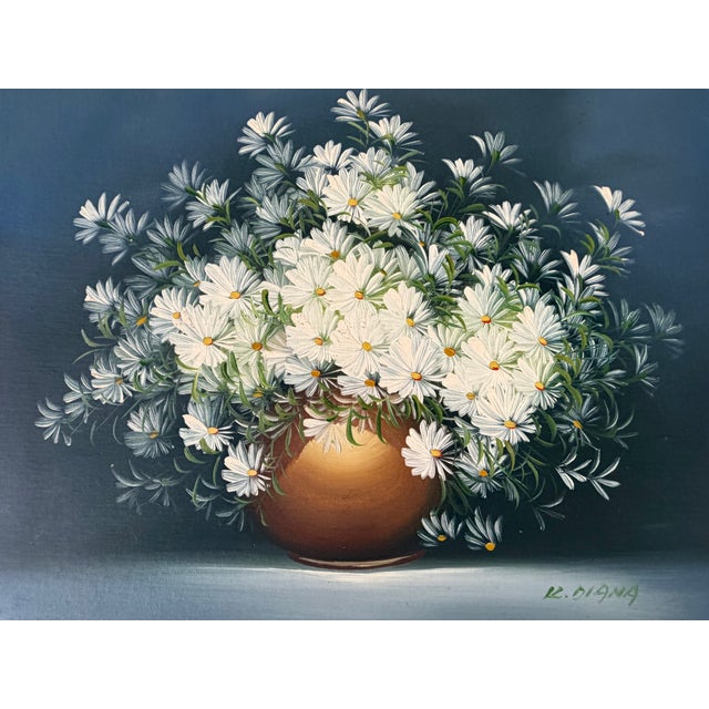 Traditional Vintage Signed K. Diana Floral Still Life Oil Painting – White Daisies in Vase For Sale - Image 3 of 3
