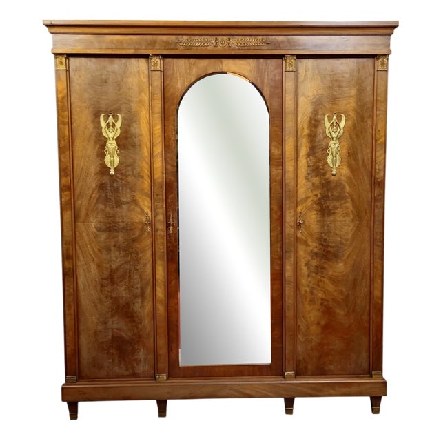 Large Antique Mahogany Wardrobe with Mirror, 1890s For Sale