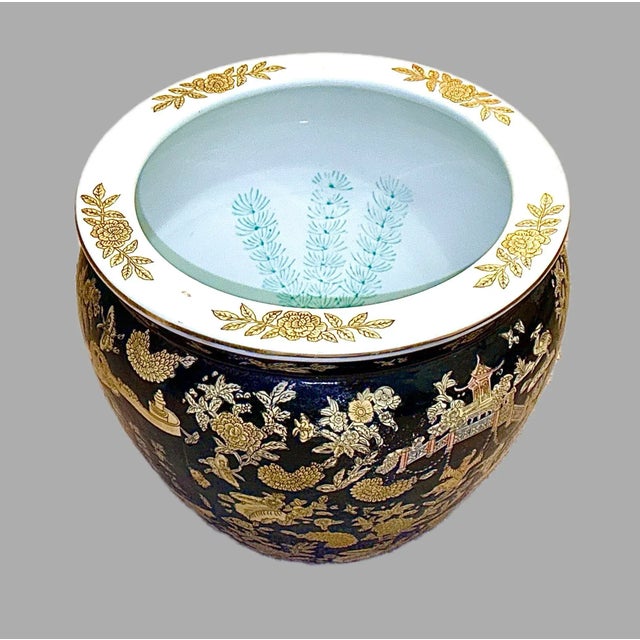 Mid 20th Century Hand Painted Black and Gold Chinese Fishbowl Planter - 12" Wide For Sale - Image 9 of 12