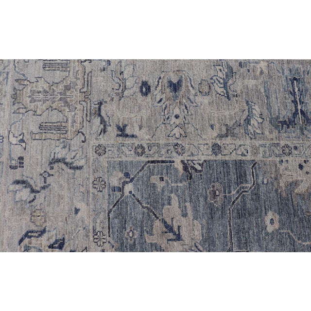 Early 21st Century Turkish Angora Oushak Rug With Steel Blue Field and Light Gray Border For Sale - Image 5 of 14