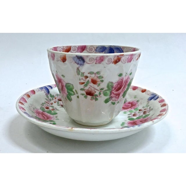Antique porcelain floral cup and saucer without handle. Saucer measures: 5.66"diameter x 1"H. Cup measures: 3.25"diameter...