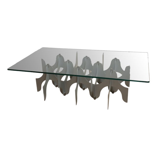 Minimalist Sculptural Coffee Table in Metal and Glass, 1980s For Sale