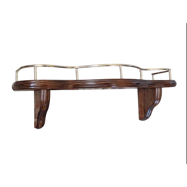 Vintage Wooden Wall Shelf With Brass Railing For Sale - Image 9 of 14