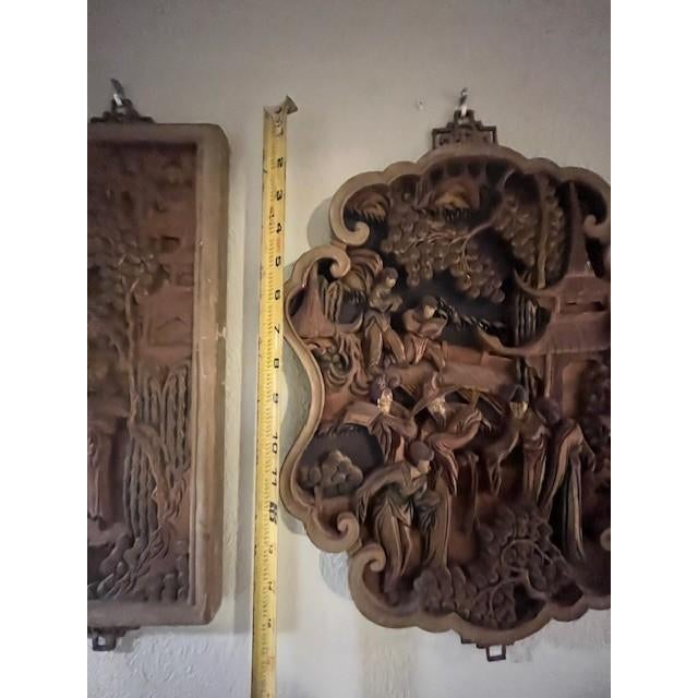 Hand Carved Wood Chinese Wall Plaque Set - 3pc Vintage Chinoiserie Garden Panels For Sale - Image 14 of 18