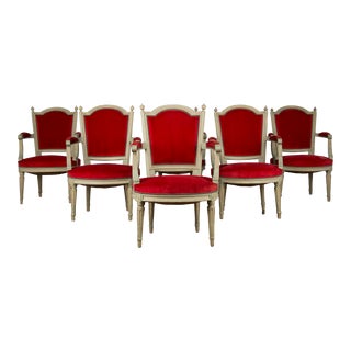 Antique French Louis XVI Style Painted Red Velvet Armchairs - Set of 6 For Sale