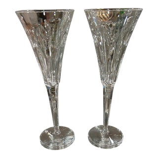 Pair of Waterford Champagne Flutes With Cut Crystal Hearts Around Top of Bowl - Part of the Millenium Series For Sale