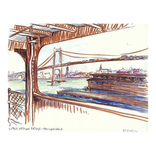 1950s Ivy Attwell Philadelphia Walt Whitman Bridge Watercolor For Sale