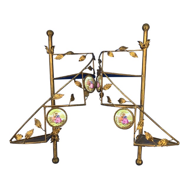 Pair of Gilded Metal Spiral Staircase Wall-Mounted Shelves - 1970's For Sale