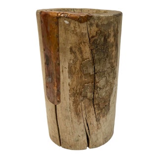 Hand Carved Log Planter With Copper Mend For Sale