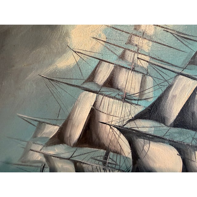 Sailing headfirst into the heart of a storm, this powerful vintage oil painting captures a lone clipper ship slicing...