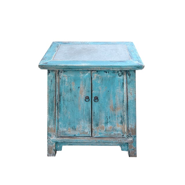 2000 - 2009 Distressed Pastel Blue Stone Top Doors Flared Legs End Table Nightstan For Sale - Image 5 of 5
