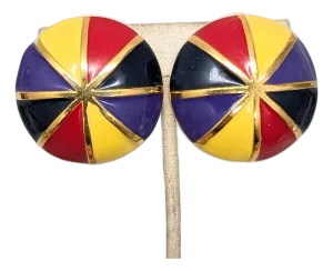 Vintage 1980s Signed Escada Round Domed Multicolor Enamel Clip Earrings-2 Pieces