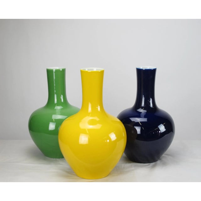 Contemporary Asian Modern Deep Blue Long Neck Porcelain Vase For Sale - Image 3 of 4
