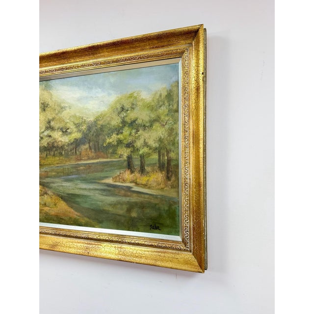 Vintage Oil Painting Landscape Father Son Fishing River Impressionist on Canvas For Sale - Image 13 of 15