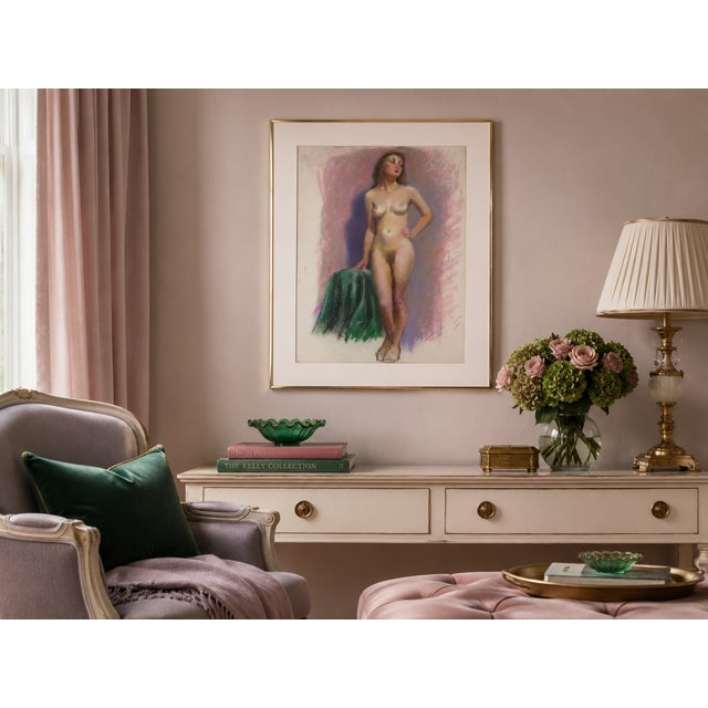 Tan Standing Nude With Green Drapery - Attr. Darwin Duncan, C. 1940s For Sale - Image 8 of 9