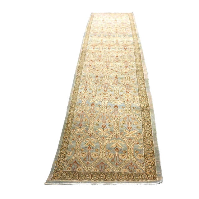 Early 21st Century Persian Tabriz Wool 3x15 Blue & Ivory Handmade Runner Rug #1142901 For Sale - Image 5 of 7